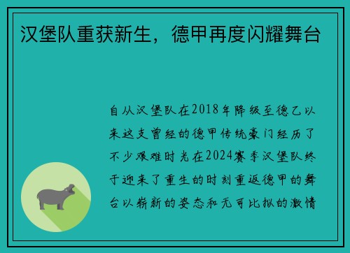 汉堡队重获新生，德甲再度闪耀舞台