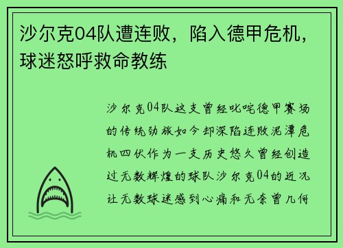 沙尔克04队遭连败，陷入德甲危机，球迷怒呼救命教练